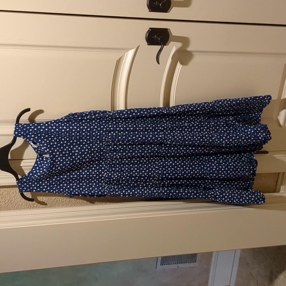Blue and white polka dot tiered midi dress